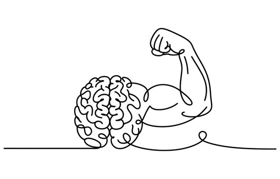 Continuous single line drawing of a human brain showing a strong muscular arm biceps muscle symbolizing mental strength intelligence and cognitive power Vector, illustration