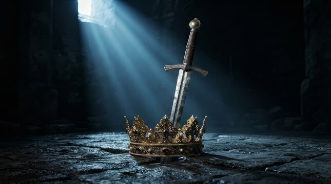 A royal crown and sword standing as fantasy power symbols on a dark stone floor.