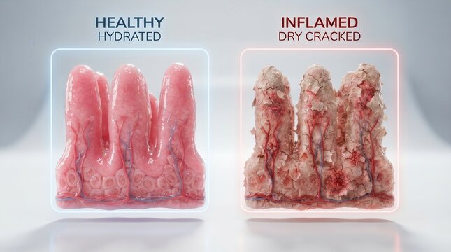 Healthy hydrated intestinal villi contrasted with inflamed dry cracked tissue.