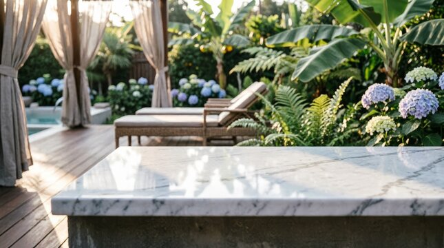 Luxury Outdoor Patio with Marble Table and Tropical Garden for Lifestyle Design
