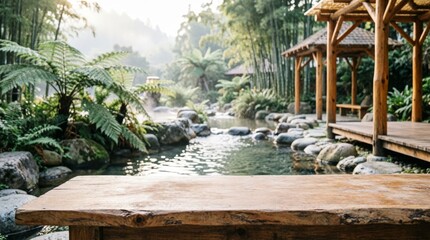 Naklejka premium Wooden Table in Bamboo Garden with Stream and Pavilion for Nature Retreat