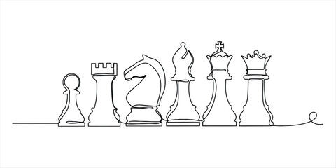Continuous single line drawing of a set of chess pieces including pawn rook knight bishop king and queen Vector, illustration © Ranjona Vector Art