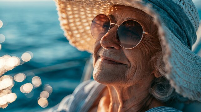Grandmother enjoying her vacation on a boat.