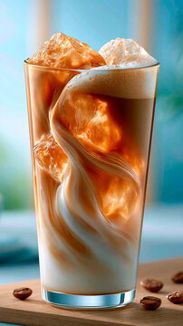 Creamy iced latte with swirling milk and crystal ice cubes served in tall glass for refreshing coffee experience