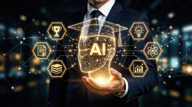 Artificial intelligence education concept a businessman holding a glowing ai graduation cap with icons