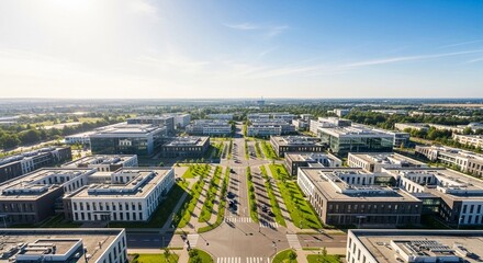 Fototapeta premium Expansive Business Park Under Bright Sunny Skies Showcasing Modern Architecture and Urban Development