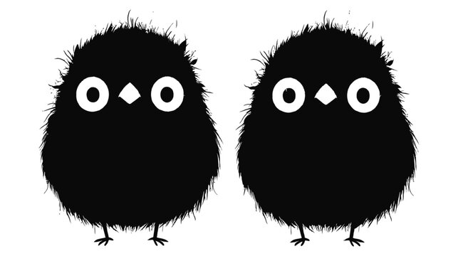 Two black cartoon birds with white eyes and fuzzy feathers standing side by side