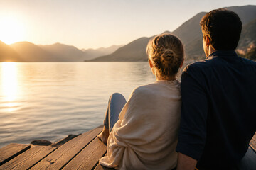 Fototapeta premium A couple sits by the water at sunset, silhouetted against the bright horizon.