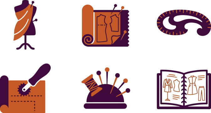 Set of sewing and tailoring icons flat vector illustrations for fashion design dressmaking and crafting isolated on white