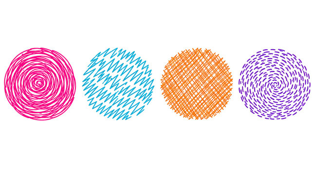 Set of four colorful hand-drawn circles with spiral, zigzag, crosshatch, and dotted ring patterns on white background