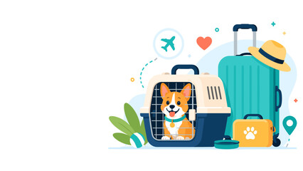 Corgi puppy smiles inside pet carrier. Travel gear surrounds the dog. Airplane and heart symbolize journey. Travel hat and paw print add charm. Perfect for pet travel or adventure themes © LarisaM