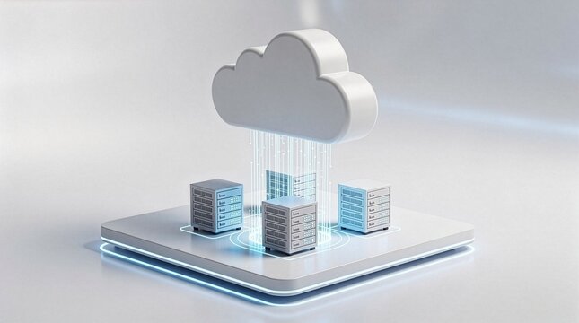 Minimalist white cloud icon transferring light data lines down to four server racks on a square platform, bright cloud computing and digital data storage technology concept.