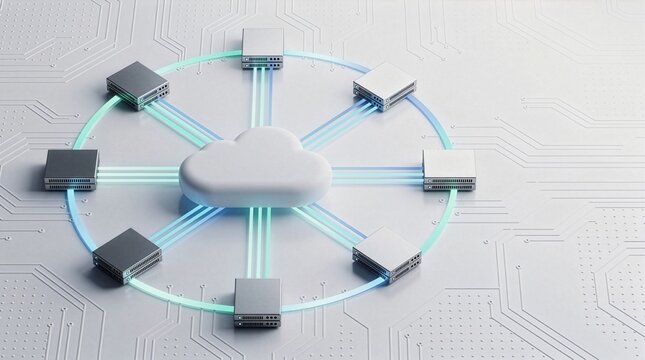 Top view of a white cloud shape connected to surrounding server modules arranged in a circle, minimalist cloud computing network and decentralized data storage technology concept.