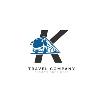 Letter K logo with bus illustration. Alphabet K Icon travel, and transport Design