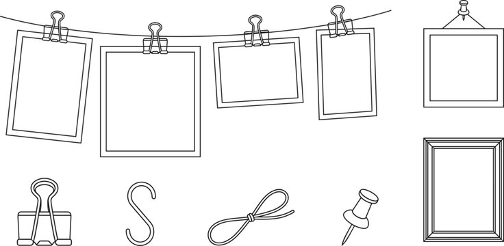 Hanging photo frame line icons set showing binder clip push pin string empty border