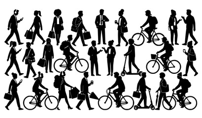 Fototapeta premium Modern urban commuter black silhouette people collection with bicycle scooter and business pedestrian vector