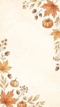 Watercolor autumn frame with pumpkins and falling leaves on a textured beige background.