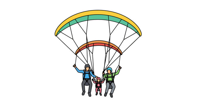 Colorful Parachute with Three Skydivers in Flight.