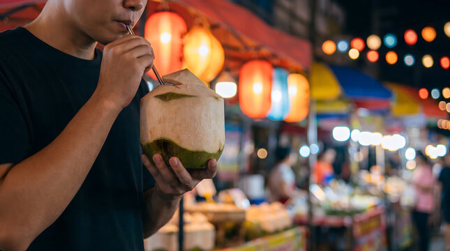 Man drinking fresh coconut water from a young coconut at a bustling night market