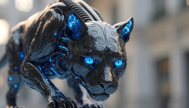 Mysterious blue-eyed black cat with cybernetic headpiece