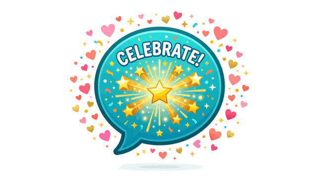Celebrate speech bubble with golden stars and hearts on white background festive vector illustration for party invitation or greeting card design