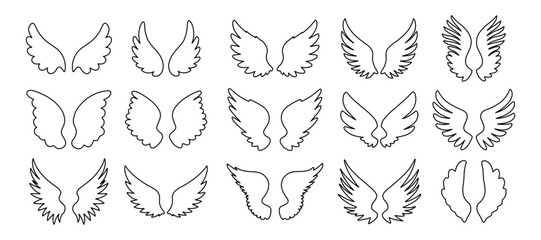 Wings icon set. angel wings outline in different decorative styles © Silhouette Zone