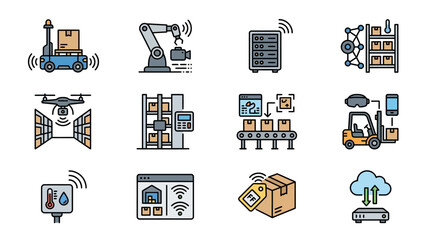 Modern Illustrated Icons of Smart Warehouse and Logistics Technology with Connected Devices and Automation © Dancow