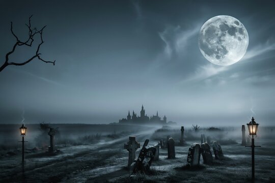 Graveyard Scene With Castle Silhouette And Full Moon Dramatic Night Sky