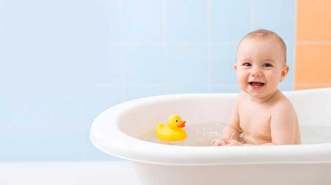 Baby smiling while playing with a yellow rubber duck in a white bathtub filled with water