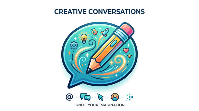Creative conversations logo design with pencil inside speech bubble and lightbulb rocket gear icons representing imagination and ideas