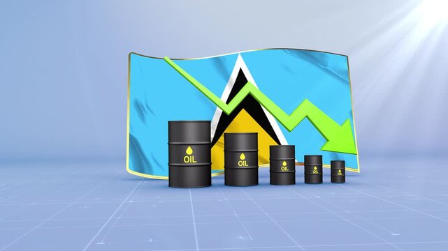 Saint Lucia Oil Price Falling with Oil Barrels Downward Green Arrow and 3D Financial Data Visualization Graphs for Economy and Business Concept