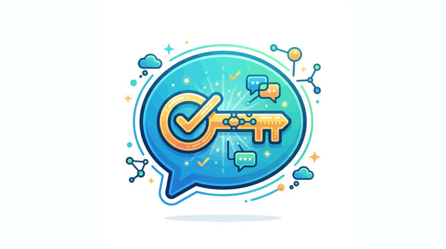 Golden key with checkmark inside blue speech bubble symbolizing secure access verification and digital communication concept illustration
