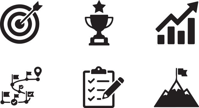 Six black flat design icons set with trophy, target, growth chart, map, checklist, mountain Vector