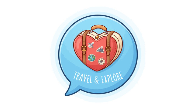 Cartoon heart shaped suitcase with travel stickers inside blue speech bubble with text travel and explore on white background illustration