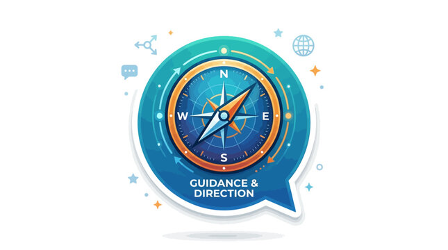 Compass icon inside speech bubble symbolizing guidance and direction with navigation elements and communication symbols on white background