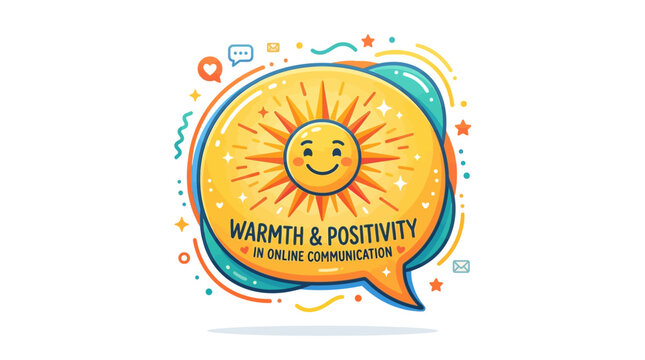 Warmth and Positivity in Online Communication Illustration with Smiling Sun in Speech Bubble and Digital Icons