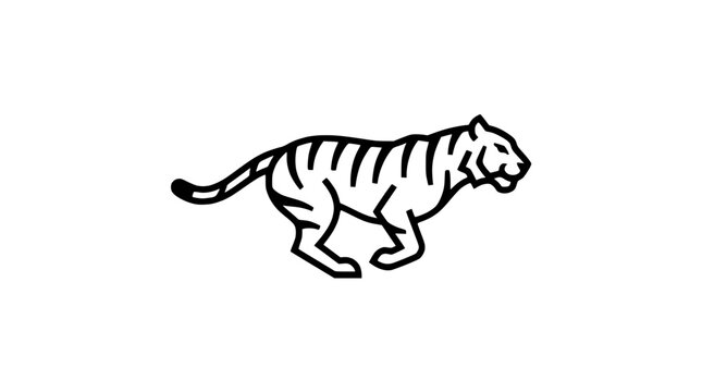 Minimalist tiger running illustration, black outline on white background, simple animal graphic