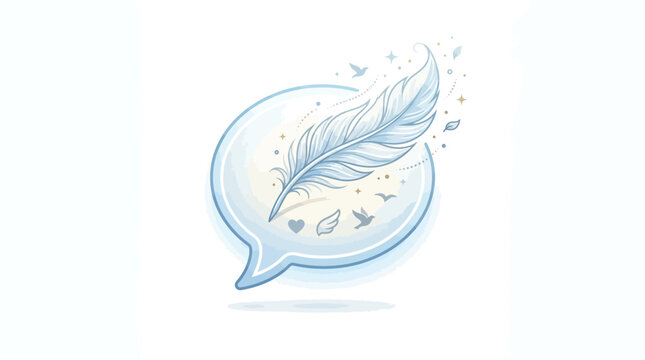 Blue speech bubble with feather inside and decorative elements like hearts wings and sparkles on white background