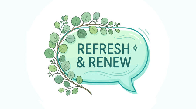 Refresh and renew speech bubble with green eucalyptus leaves illustration on white background for eco friendly design