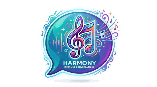 Vector illustration of a speech bubble with musical notes and a treble clef symbolizing harmony in online conversations with sound waves and colorful design