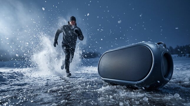 Winter runner sprinting through snow with portable speaker for outdoor music workout concept