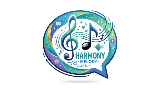 Harmony Melody Music Logo Design With Treble Clef Notes Headphones Sound Wave Speech Bubble Icon For App Radio Station School