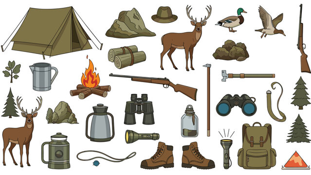 Survival, camping, and hunting equipment icons collection featuring a tent, binoculars, rifles, and wild deer.