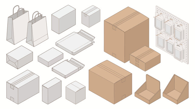 Assorted cardboard boxes and packaging materials in multiple sizes for shipping, storage, and transport, featuring brown, gray, and white cartons, flat-pack and assembled options.