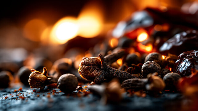 Aromatic cloves and peppercorns with warm fire light background peppercorns aromatic culinary
