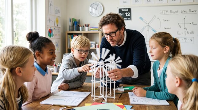 Teacher guiding children to build STEM wind power model in bright classroom with science boards