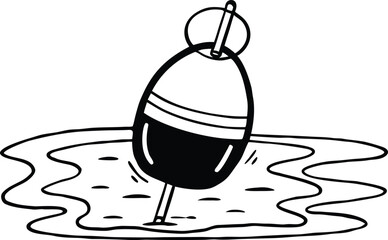 A single fishing float or bobber resting on the surface of the water, illustrated in a simple black and white line style © safowan