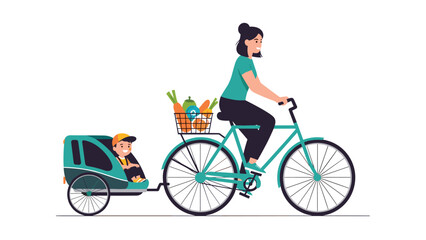 Fototapeta premium Smiling woman riding a bicycle with a basket of fresh vegetables and pulling a little boy in a green baby trailer.