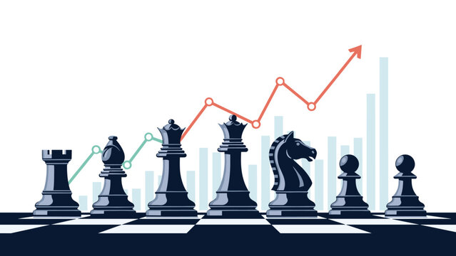Set of dark blue chess pieces standing on a chessboard with a financial growth chart in the clean background.