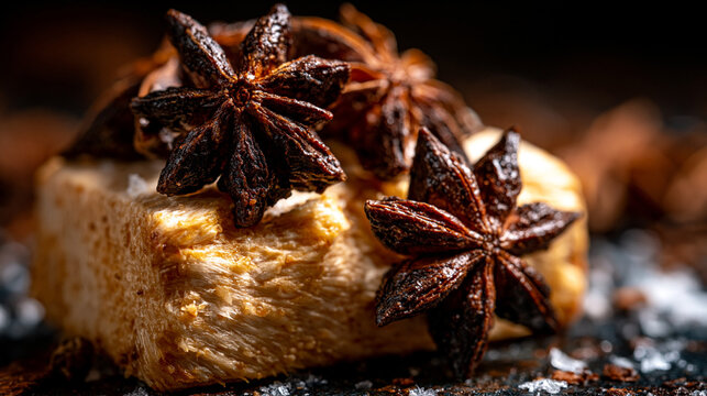 Dried whole star anise pods placed on a rustic stone tile for gourmet cooking and decoration